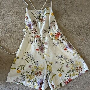 H&M Cream Floral Linen Romper with Purple, Yellow and Red Flowers